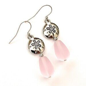 Sand Dollar Earrings Silver Hanging with Pink Sea Glass for Women Girls Handmade